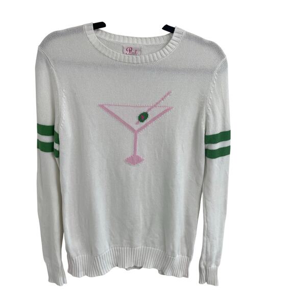 Pink Pineapple Martini Time Sweater White Pink Green Knit Crewneck Womens Small - Picture 1 of 7